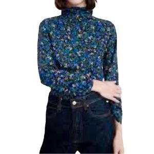 Zara black blue cropped Floral High-Neck Long sleeve Top M